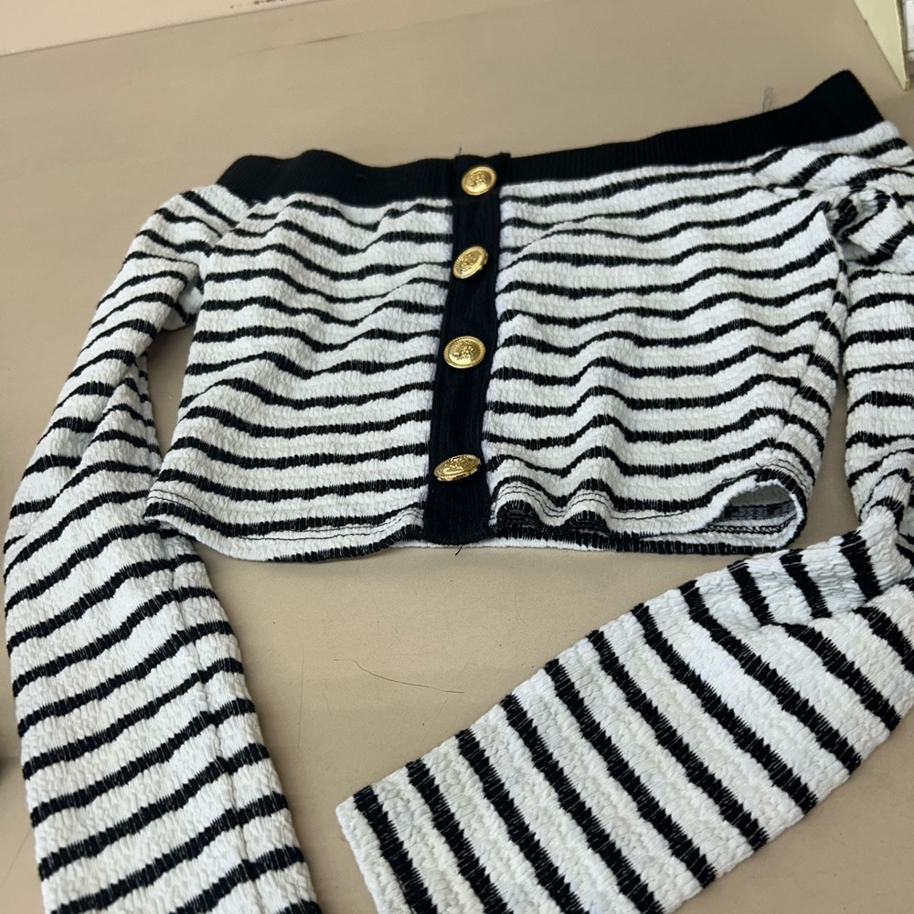 Elegant Black and White Striped Cardigan with Gold Buttons
